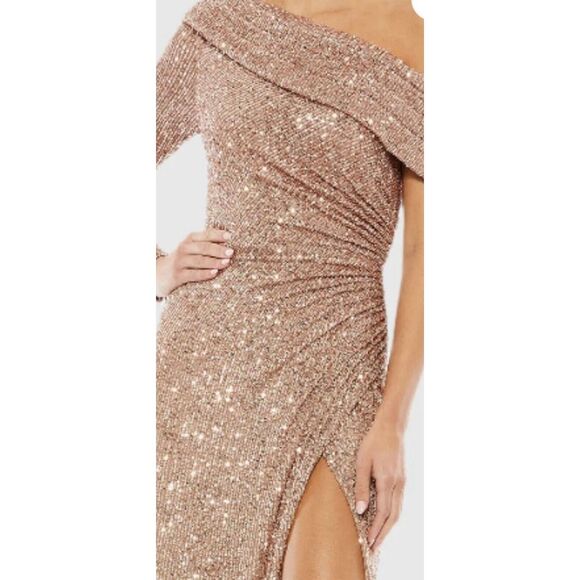 Mac Duggal 26571 Sequin Drop‎ Shoulder Faux Copper Wrap Gown - Flaw - Picture 1 of 8